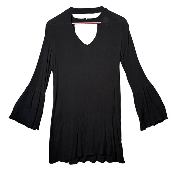 Boho Bell Sleeve Black Mini Dress Hippie Womens Small Rayon Lightweight Travel‎ - Picture 1 of 9